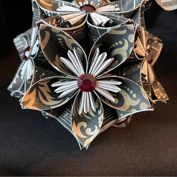 Kusudama Flower Ornament Black Music Notes Black Tan Damask Print Red Crystals - Picture 2 of 8